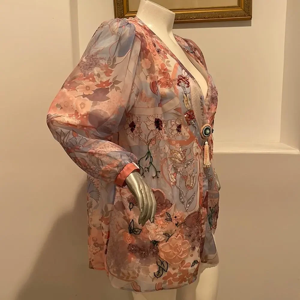 Diane Freis Original Sheer Floral Beaded Blouse Jacket Tassel Clasp Vintage